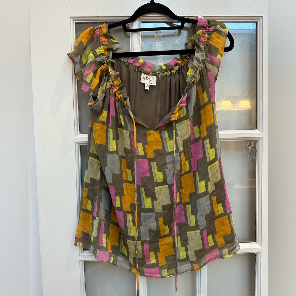 Vintage An Original Milly of New York Silk Colorful Geometric Blouse Size 2 XS